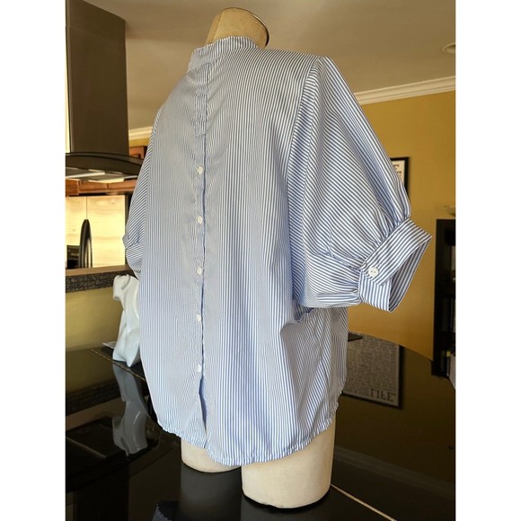 Blue & White Stripe Puff Sleeve Button Down Back Notch Collar Blouse - Picture 9 of 12